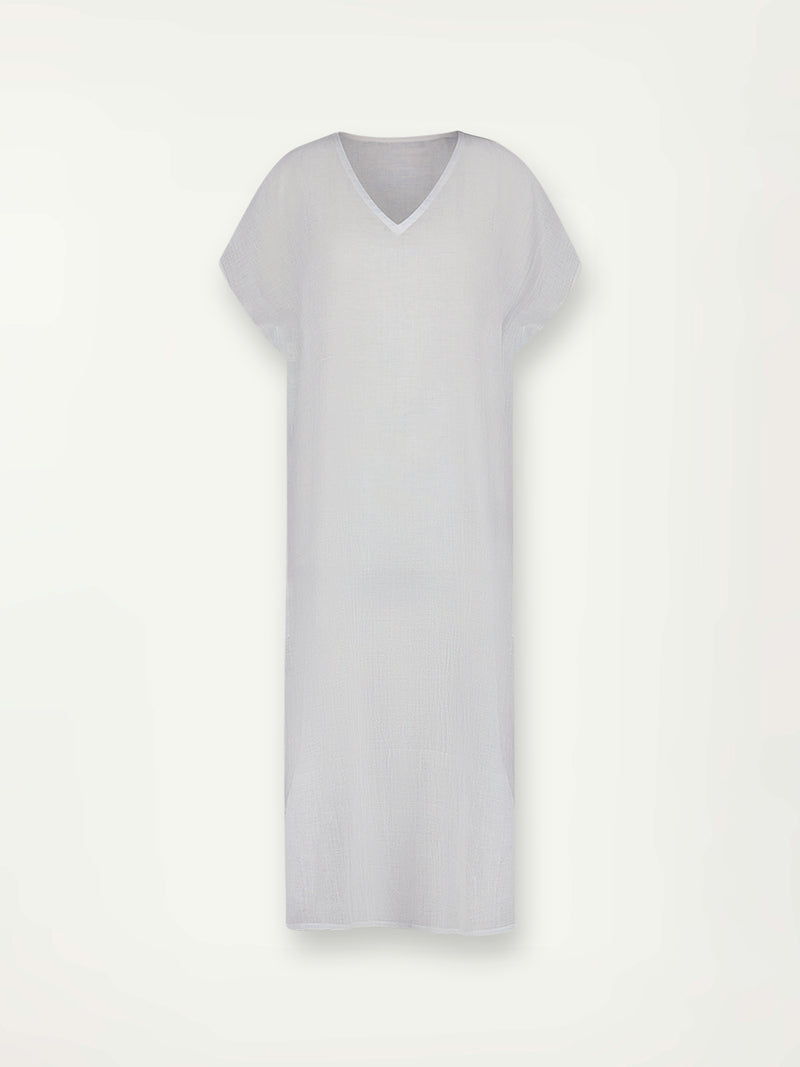 Product Front Shot of lemlem Dalila V Neck Caftan featuring airy gauze fabric in a delicate pale blue color.