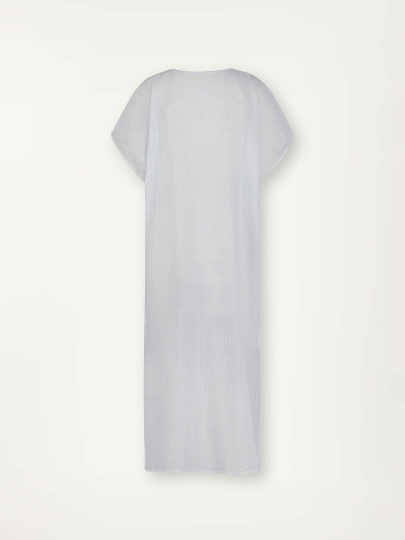 Product Back Shot of lemlem Dalila V Neck Caftan featuring airy gauze fabric in a delicate pale blue color.