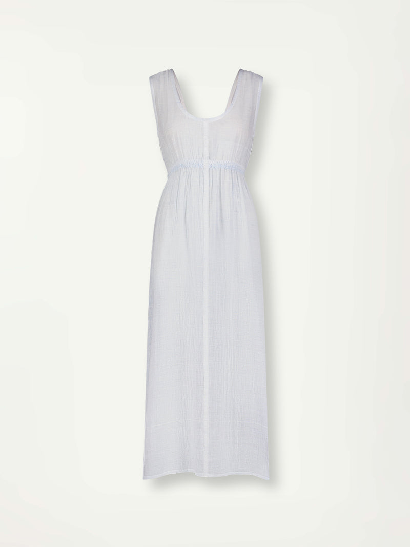 Product Front Shot of lemlem Melat Scoop Neck Dress featuring airy gauze fabric in a delicate pale blue color.