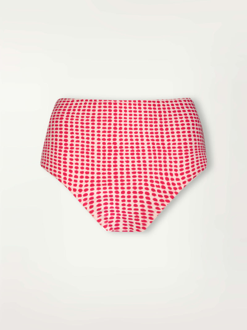  Product Front Shot of Elsi High Waist Bottom  featuring vibrant raspberry dots on an ivory background