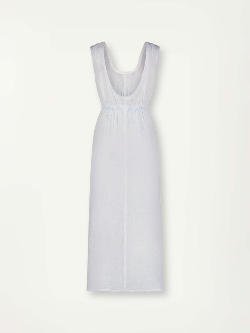 Product Back Shot of lemlem Melat Scoop Neck Dress featuring airy gauze fabric in a delicate pale blue color.