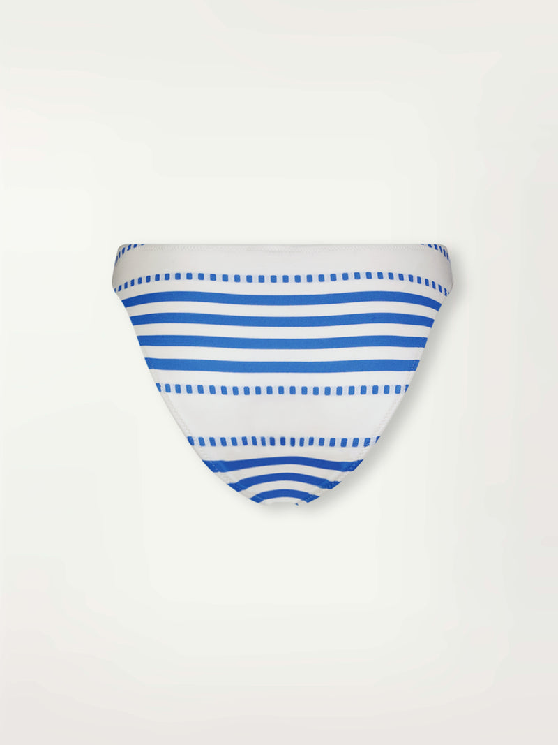 Product Back Shot of lemlem Meron Brief Bikini Bottom  Featuring crisp white background and bright blue stripes and dots pattern