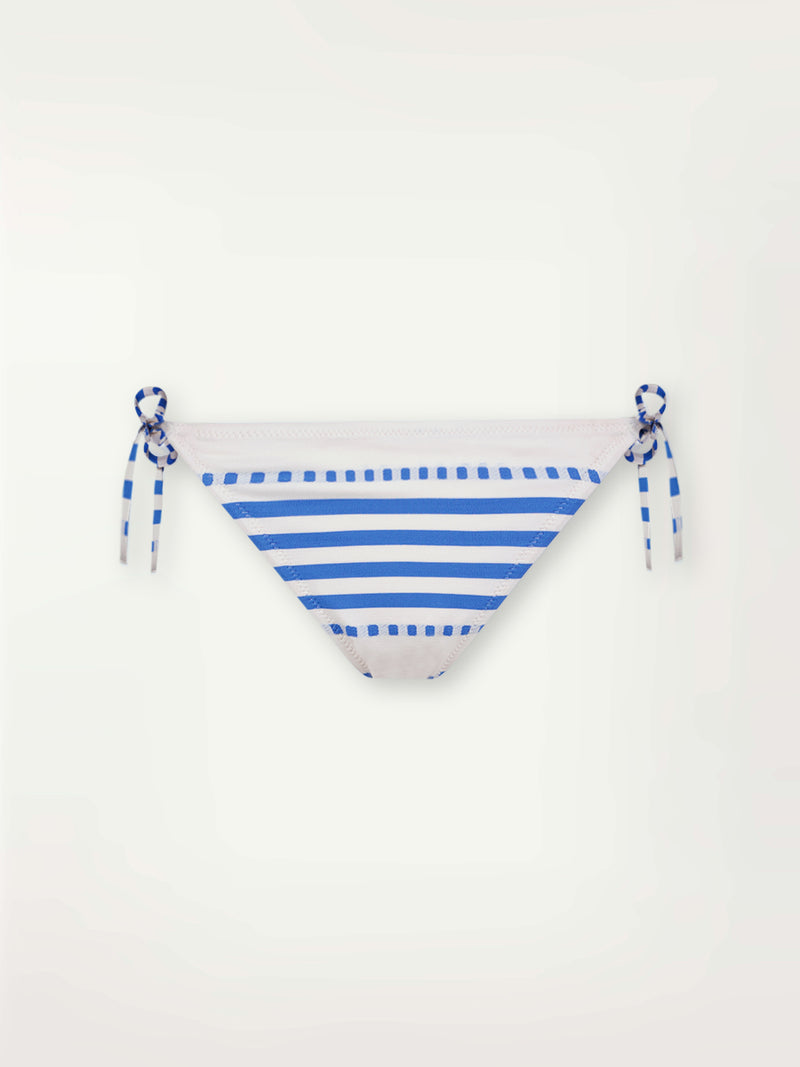 Product Front Shot of lemlem Rekka String Bikini Bottom Featuring crisp white background and bright blue stripes and dots pattern