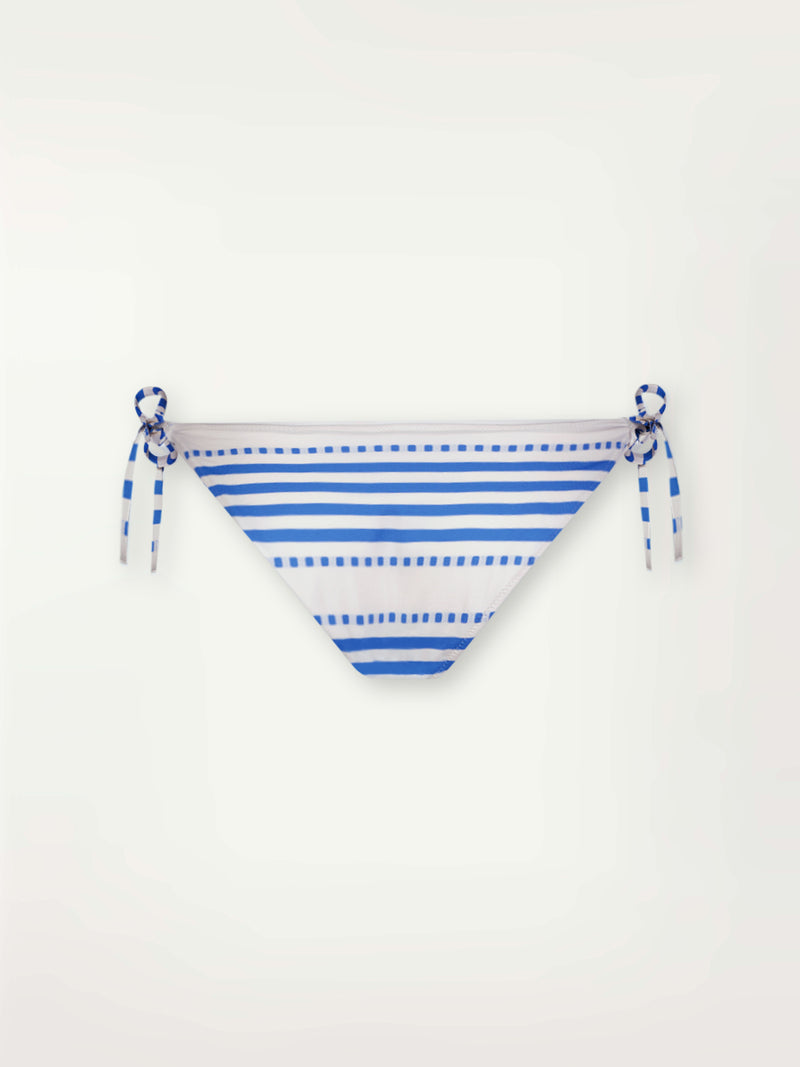 Product Back Shot of lemlem Rekka String Bikini Bottom Featuring crisp white background and bright blue stripes and dots pattern