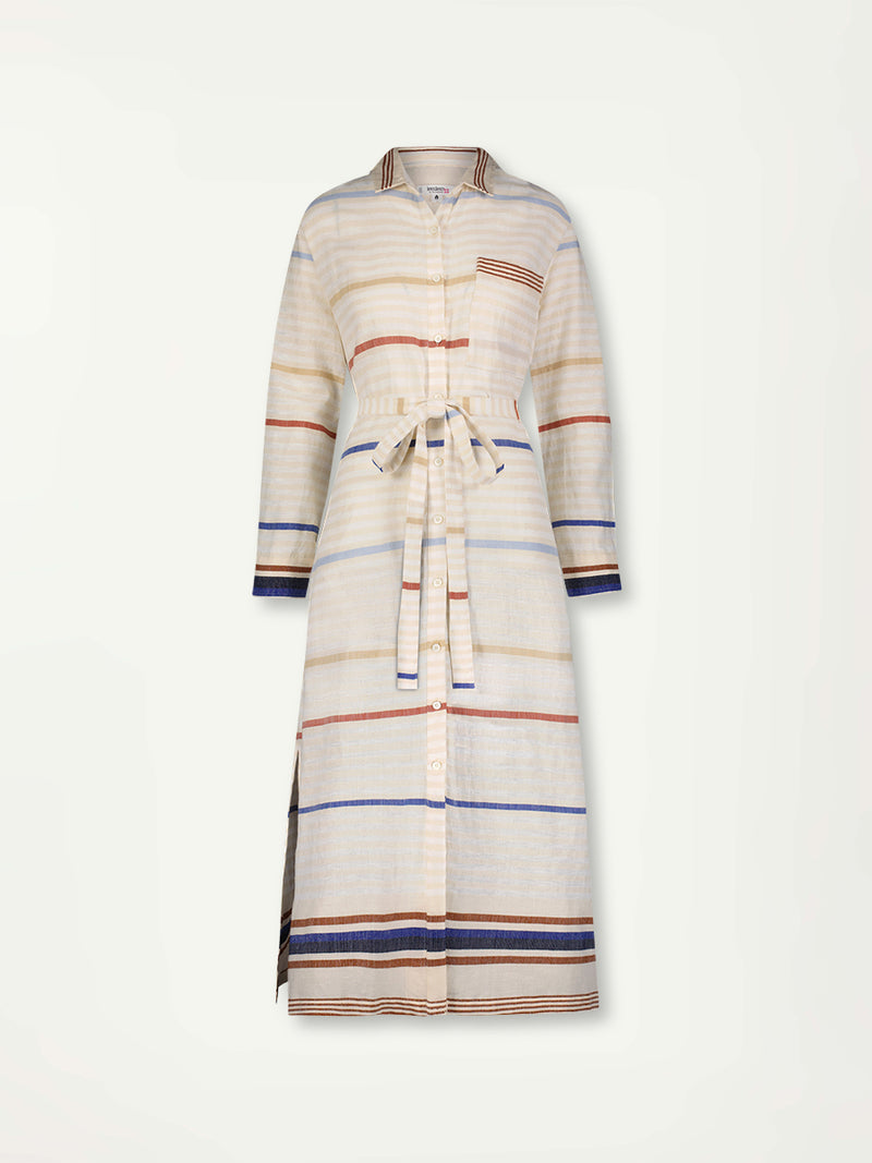 Product Front Shot of lemlem Anata Shirt Dress featuring striking bold stripe design in blue and brown hues on a neutral background