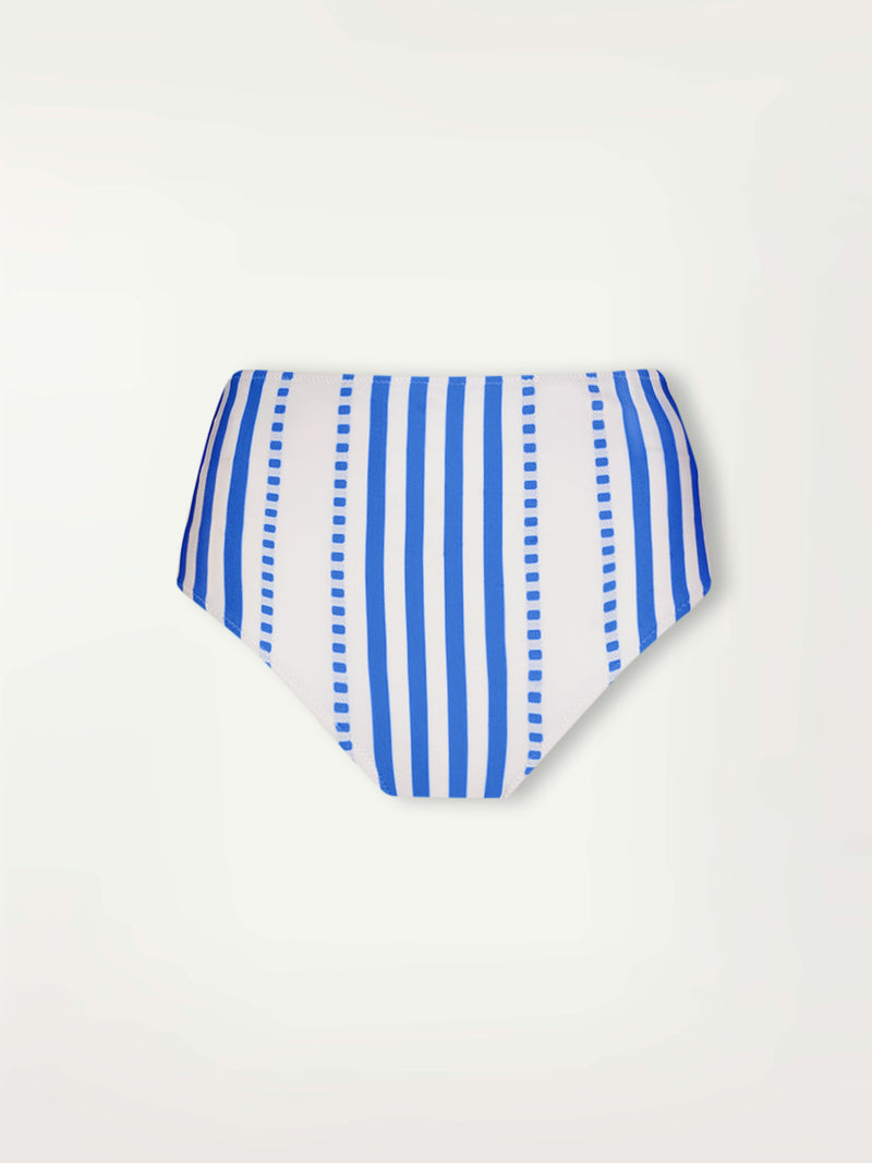 Product Front Shot of lemlem Elsi High Waist Featuring crisp white background and bright blue stripes and dots pattern