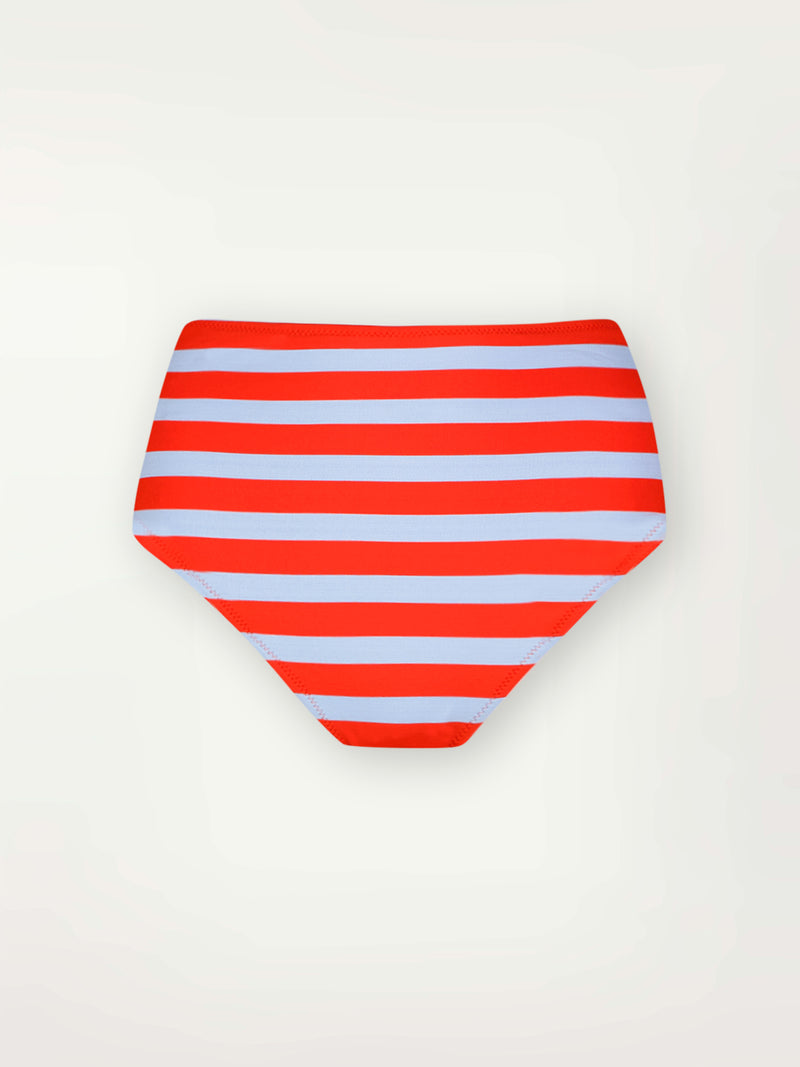 Product Front Shot of lemlem Elsi High Waist Bottom featuring bold and bright tangerine color, accented by pale blue stripes