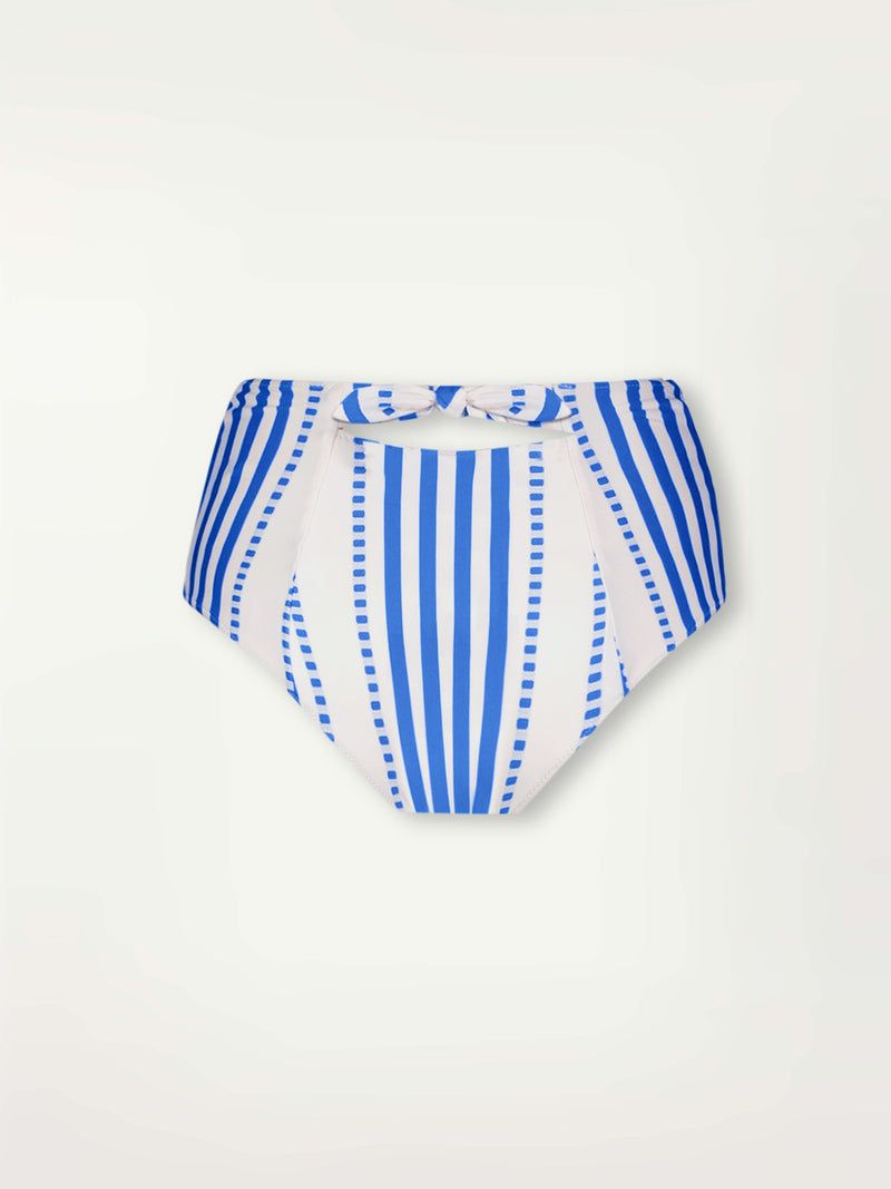 Product Back Shot of lemlem Elsi High Waist Featuring crisp white background and bright blue stripes and dots pattern