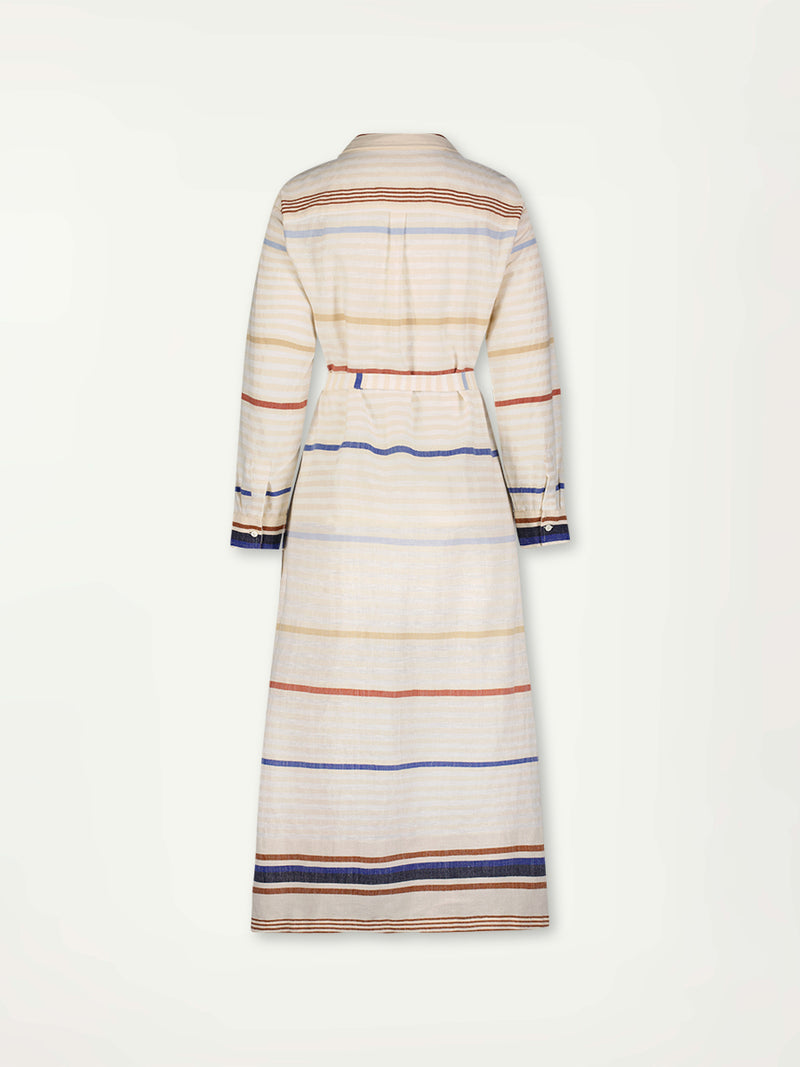 Product Back Shot of lemlem Anata Shirt Dress featuring striking bold stripe design in blue and brown hues on a neutral background