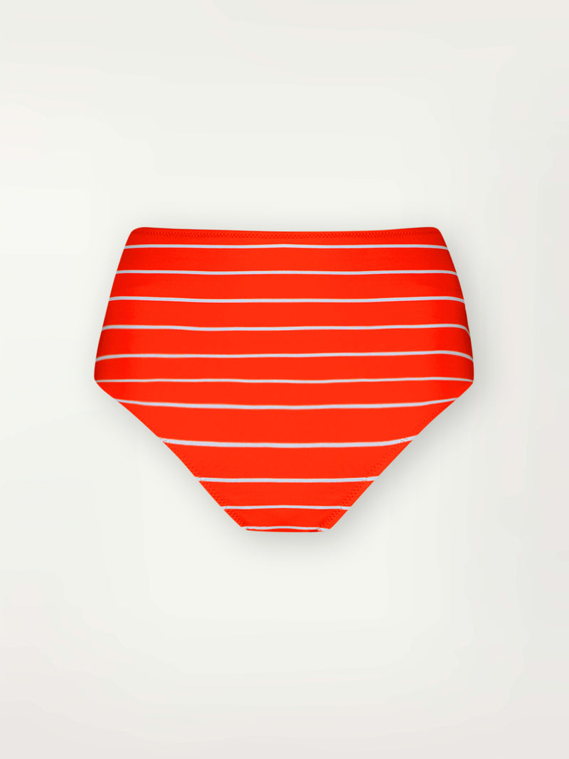 Product Front Shot of lemlem Elsi High Waist Bottom  featuring bright juicy tangerine hues accented by pale blue fine stripes