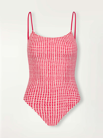 Product Front Shot of lemlem Elene One Piece featuring vibrant raspberry dots on an ivory background