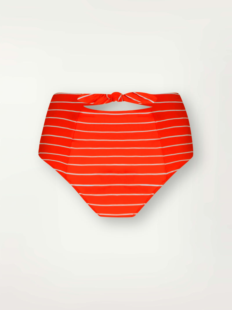 Product Back Shot of lemlem Elsi High Waist Bottom featuring bright juicy tangerine hues accented by pale blue fine stripes