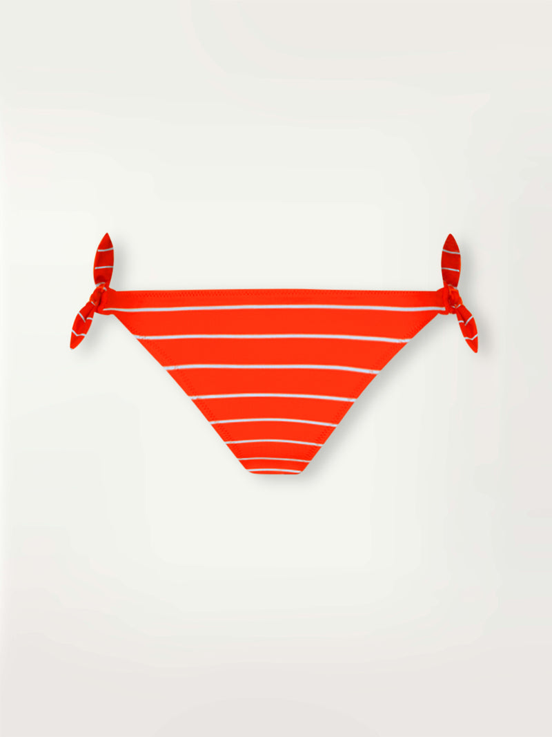 Product Front Shot of lemlem Side Tie Bottom featuring bright juicy tangerine hues accented by pale blue fine stripes