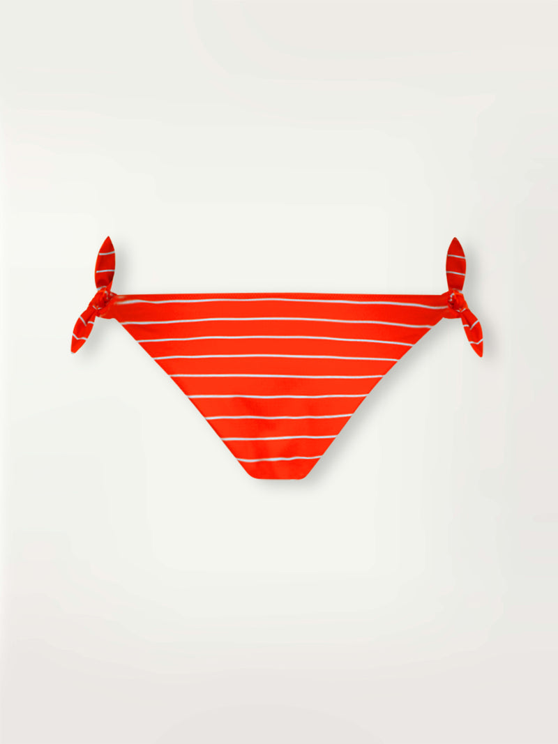 Product Back Shot of lemlem Side Tie Bottom featuring bright juicy tangerine hues accented by pale blue fine stripes