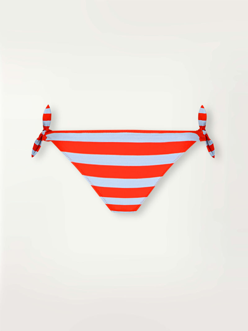 Product Front Shot of lemlem Lucy Side Tie Bottom Bottom featuring bold and bright tangerine color, accented by pale blue stripes
