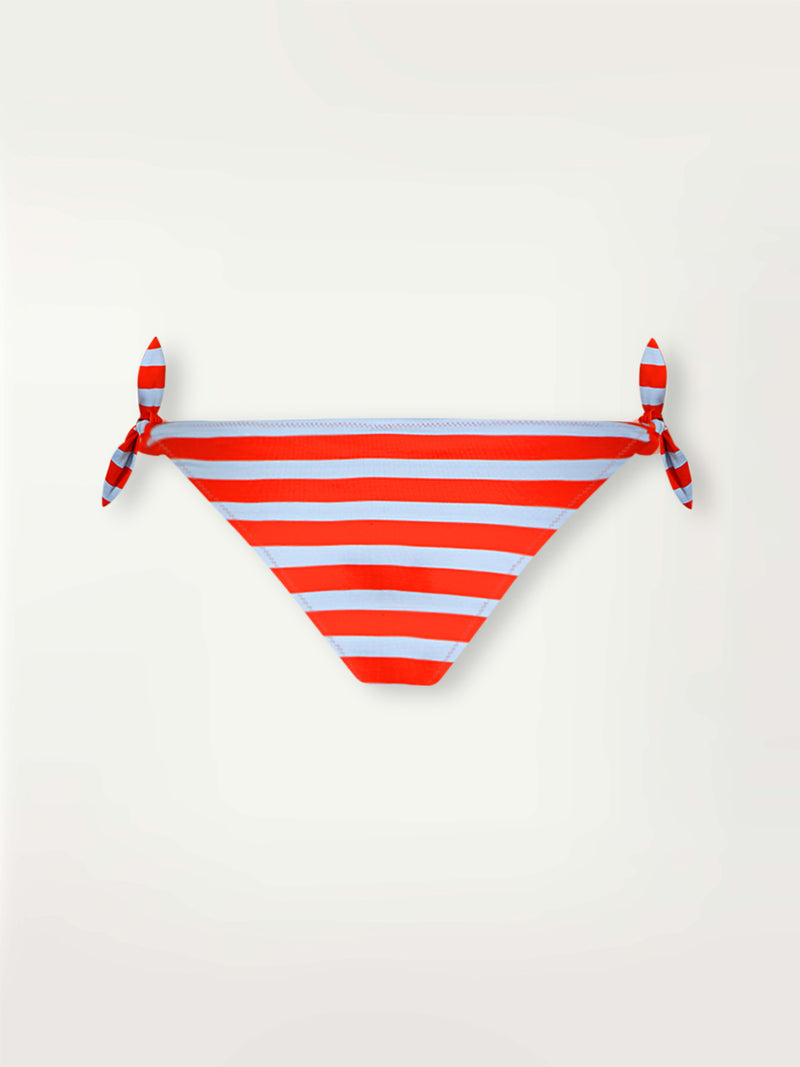 Product Back Shot of lemlem Lucy Side Tie Bottom Bottom featuring bold and bright tangerine color, accented by pale blue stripes