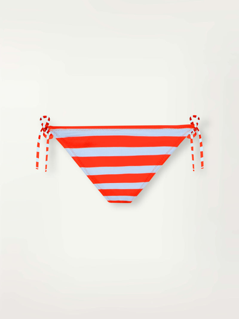 Product Front Shot of lemlem Rekka String Bikini Bottom featuring bold and bright tangerine color, accented by pale blue stripes
