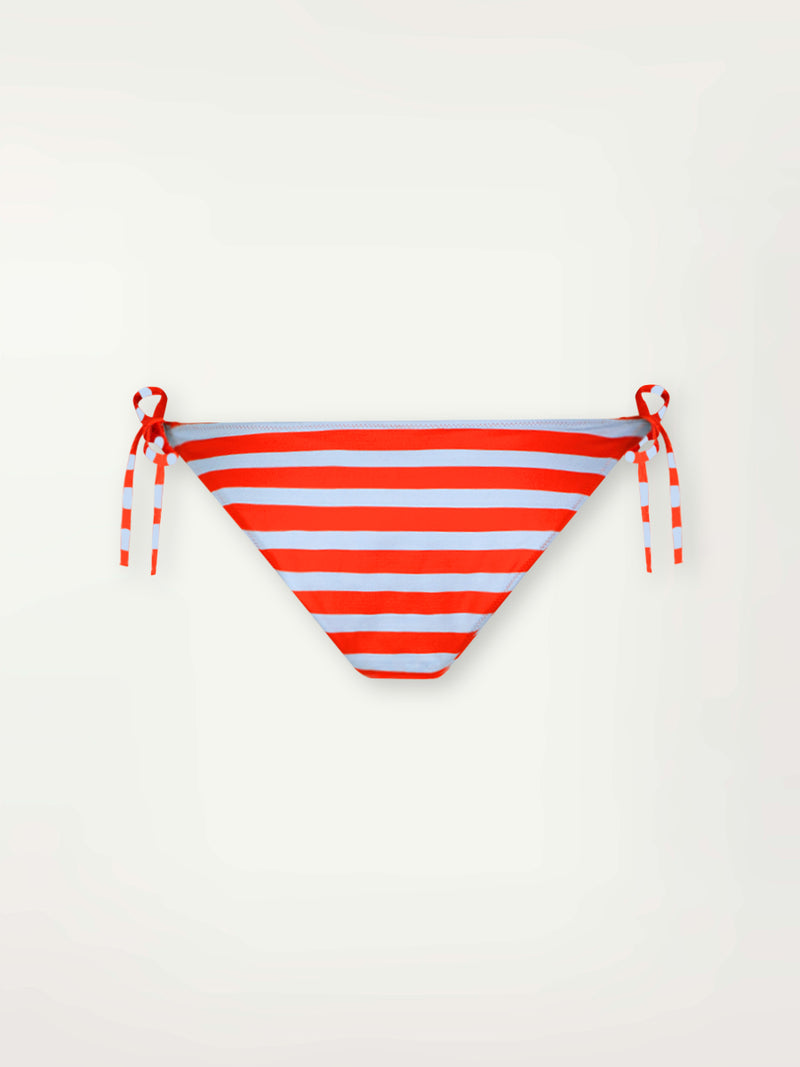 Product Back Shot of lemlem Rekka String Bikini Bottom featuring bold and bright tangerine color, accented by pale blue stripes