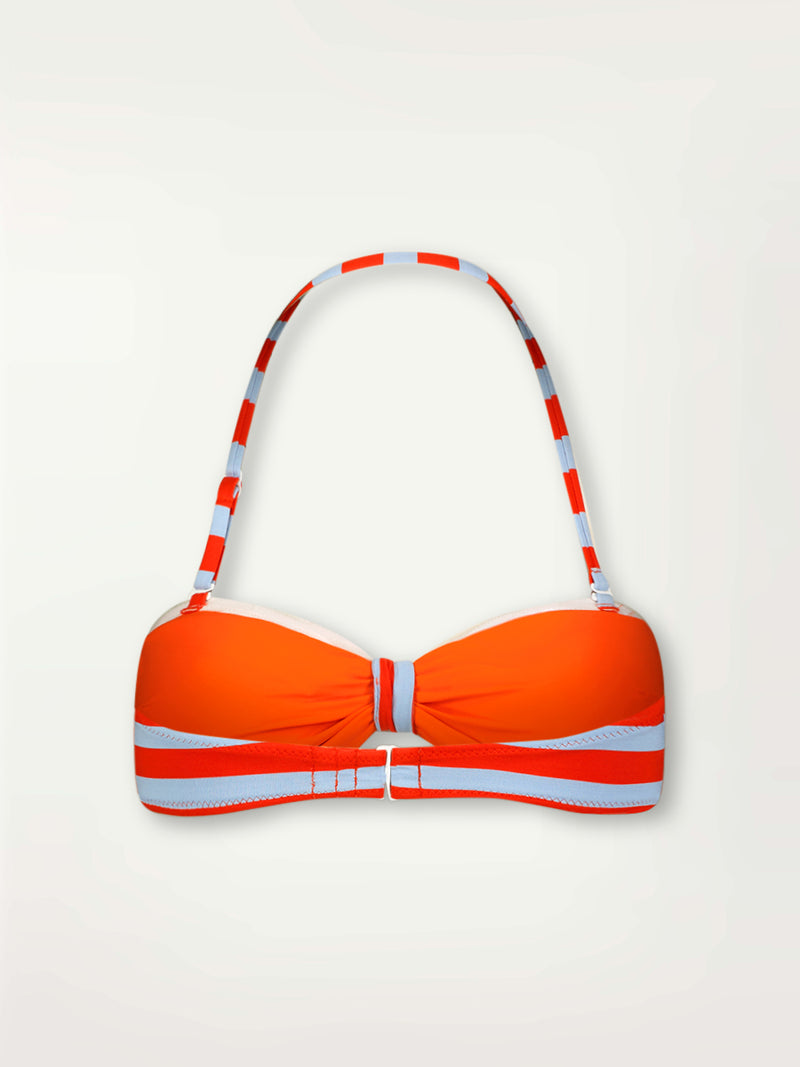 Product Back Shot of lemlem Ava Bandeau Top featuring bold and bright tangerine color, accented by pale blue stripes