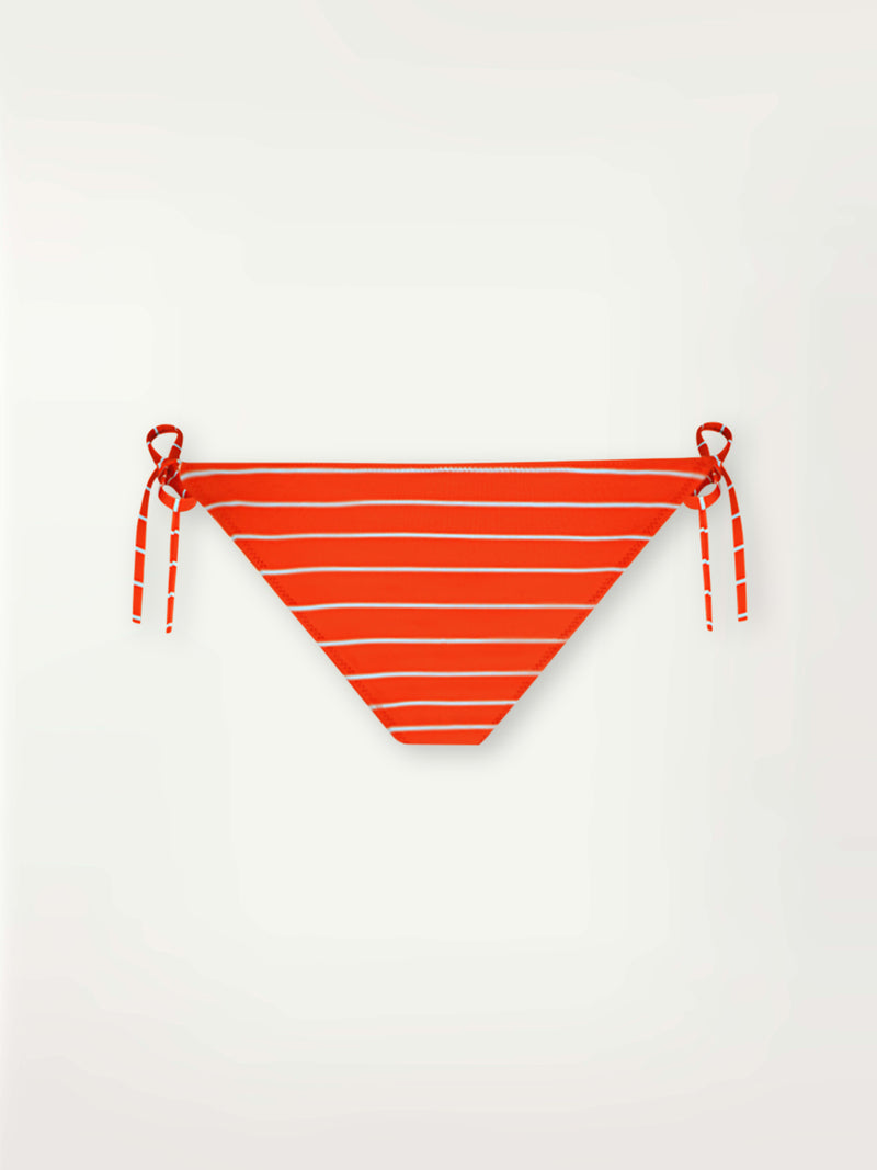 Product Front Shot of lemlem Rekka String Bikini Bottom featuring bright juicy tangerine hues accented by pale blue fine stripes