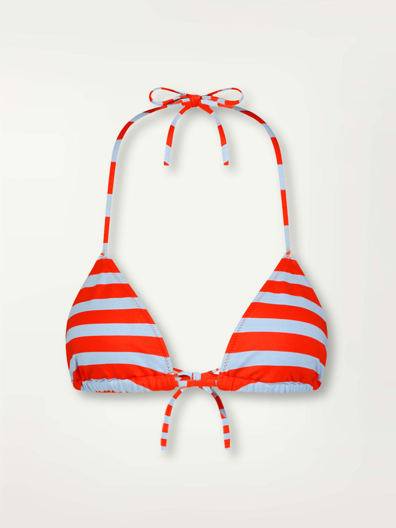 Product Front Shot of lemlem Malia Triangle Bikini Top featuring bold and bright tangerine color, accented by pale blue stripes