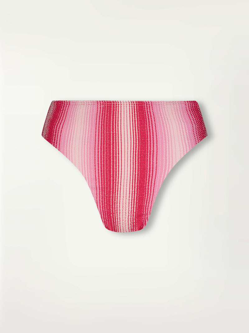 Product Front Shot of  Menen High Leg bikini bottom featuring striped fabric in ombre design in white, soft pink, and raspberry colors