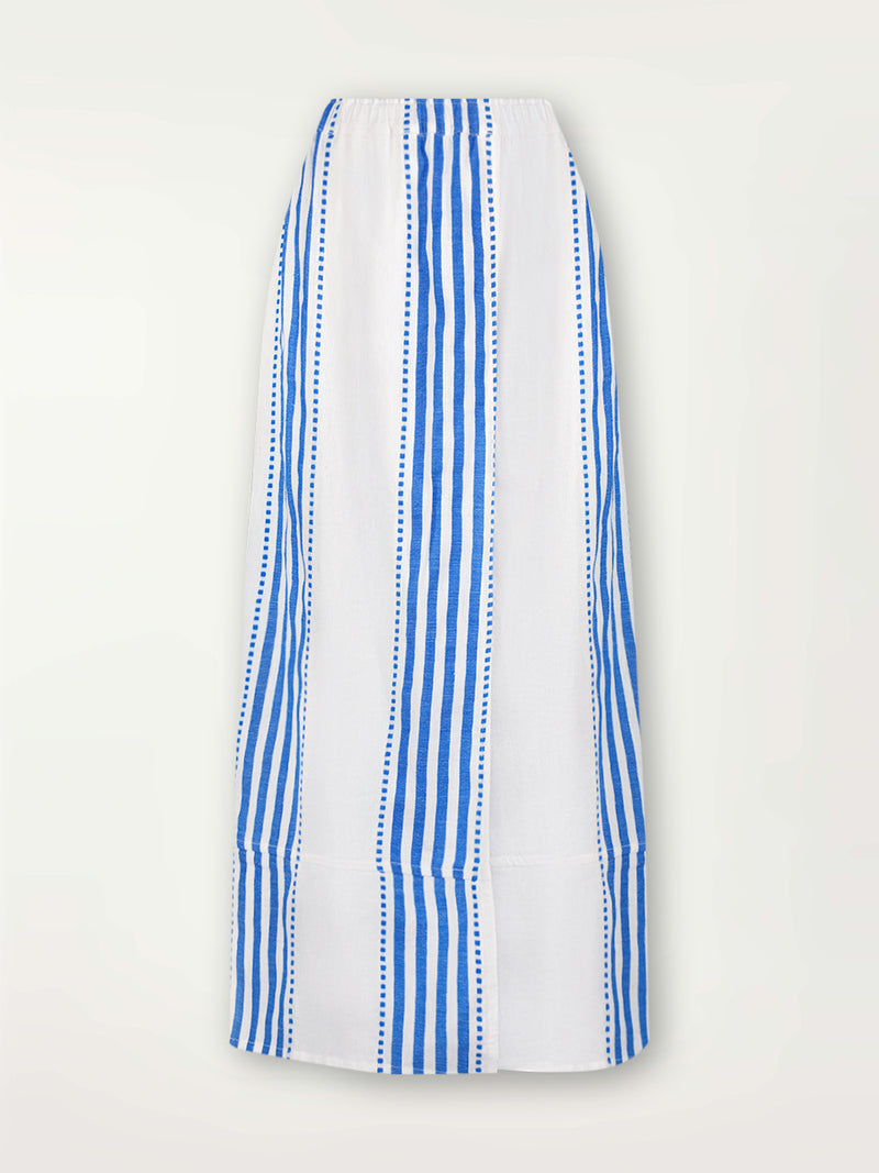 Product Front Shot of lemlem Marta Pull On Skirt Featuring crisp white background and bright blue stripes and dots pattern