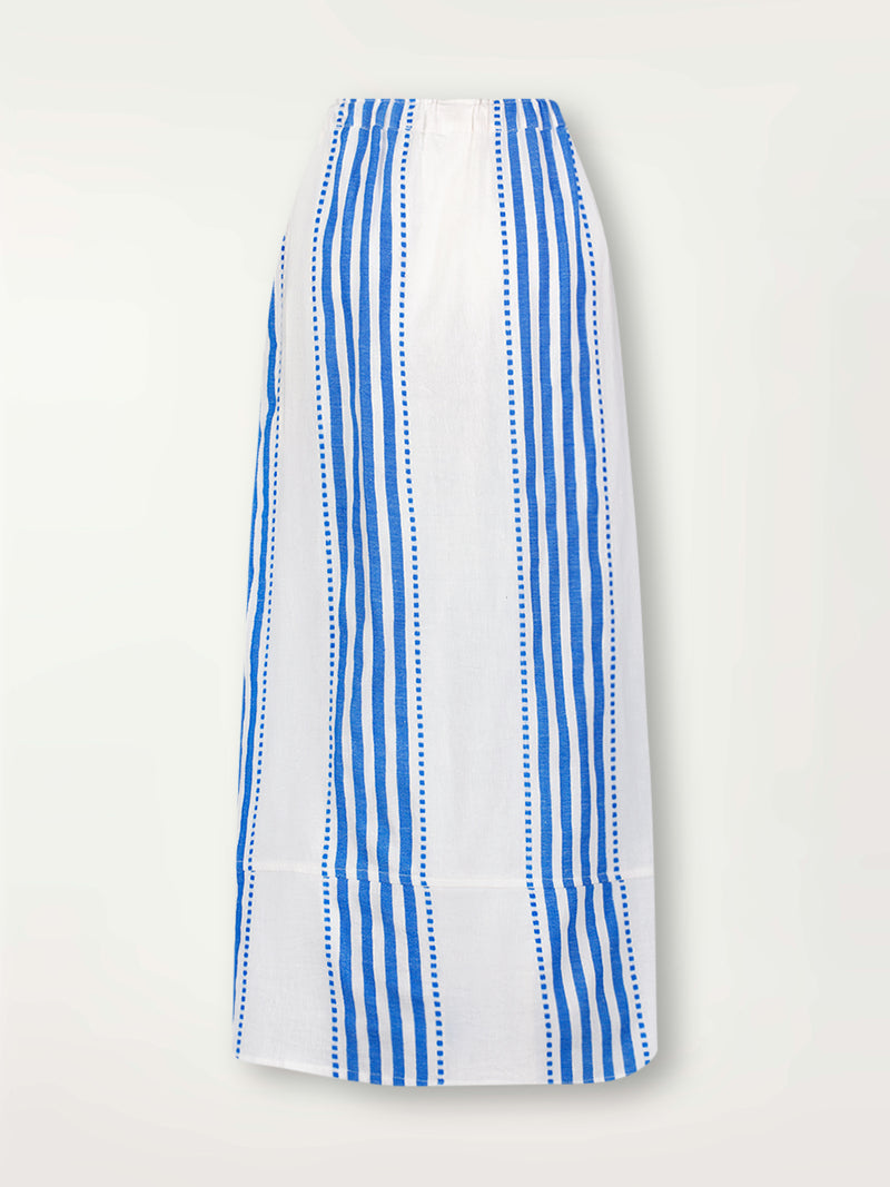 Product Back Shot of lemlem Marta Pull On Skirt Featuring crisp white background and bright blue stripes and dots pattern