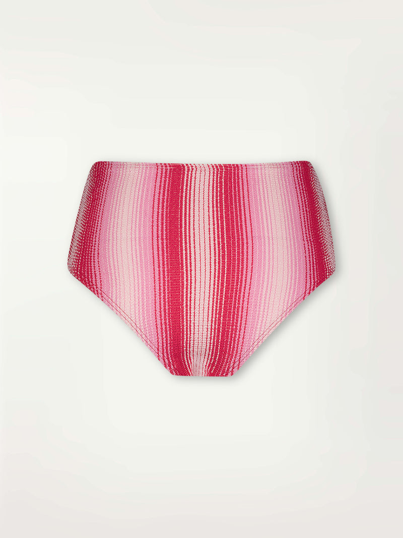 Product Back Shot of Menen High Leg bikini bottom featuring striped fabric in ombre design in white, soft pink, and raspberry colors