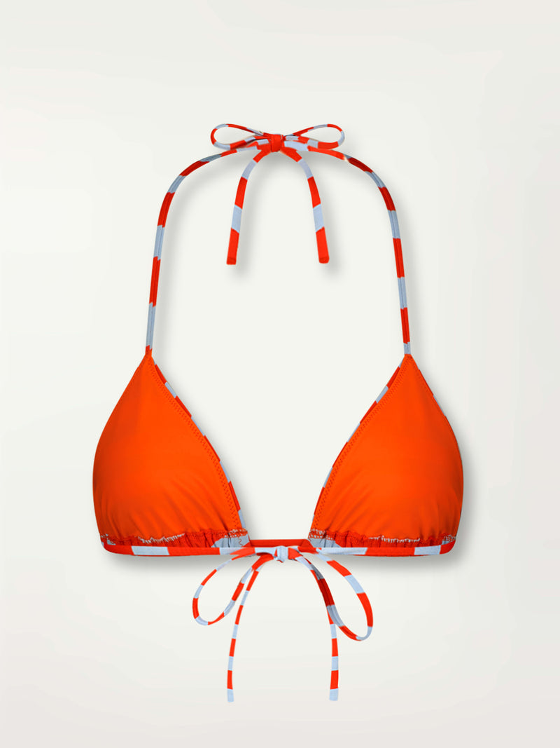 Product Back Shot of lemlem Malia Triangle Bikini Top featuring bold and bright tangerine color, accented by pale blue stripes