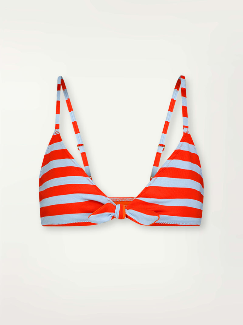 Product Front Shot of lemlem Sara Tie Front Top featuring bold and bright tangerine color, accented by pale blue stripes