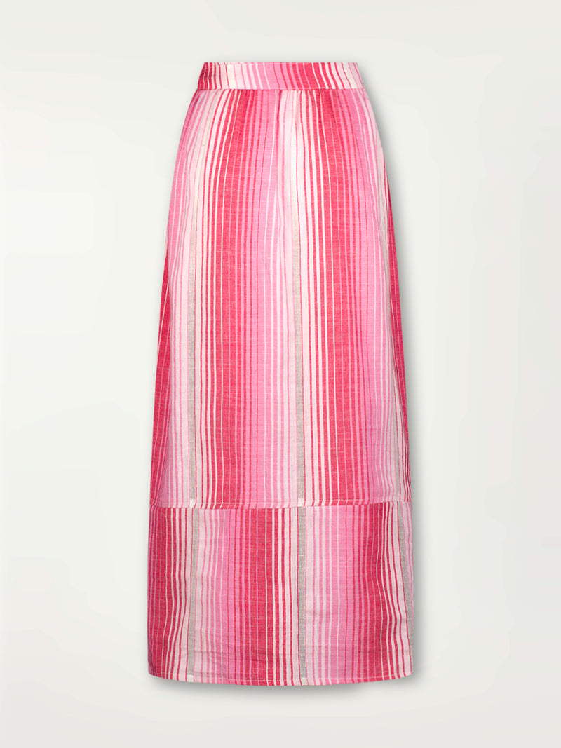 Product Back Shot of lemlem Salana Wrap Skirt featuring white, soft pink, and raspberry stripes that effortlessly blend into a stunning ombre effect
