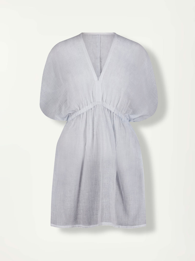 Product Front Shot of lemlem Alem Plunge Dress featuring airy gauze fabric in a delicate pale blue color. 