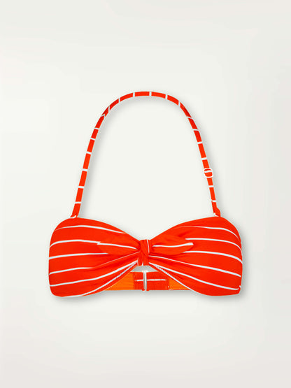 Product Front Shot of lemlem Ava Bandeau Top featuring bright juicy tangerine hues accented by pale blue fine stripes