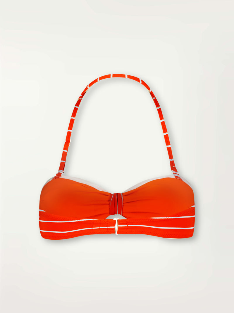 Product Back Shot of lemlem Ava Bandeau Top featuring bright juicy tangerine hues accented by pale blue fine stripes