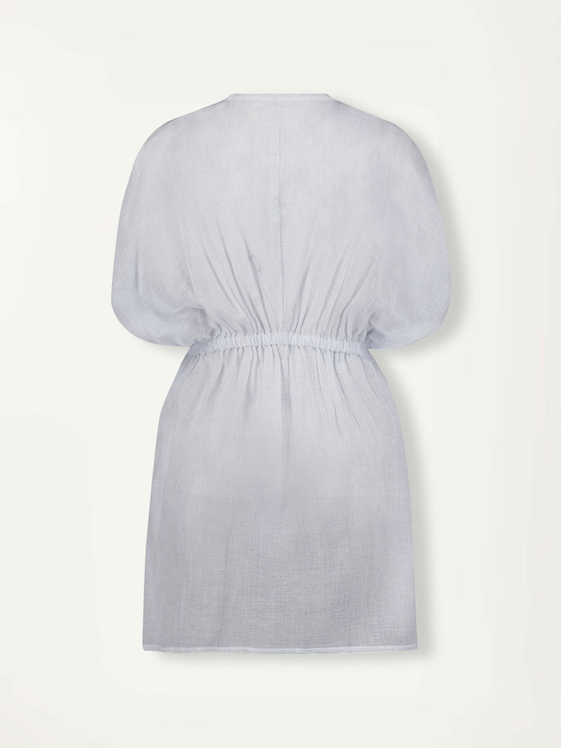 Product Back Shot of lemlem Alem Plunge Dress featuring airy gauze fabric in a delicate pale blue color. 
