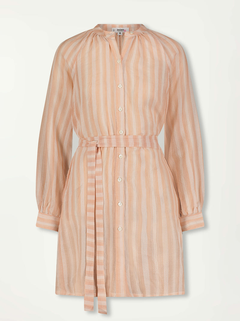 product front shot of lemlem meaza button up dress featuring elegant soft rose stripe pattern offering a touch of classic charm and romantic flair