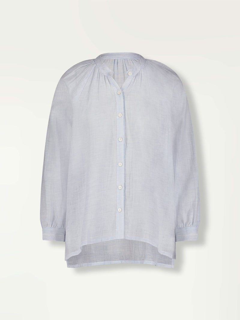 Product Front Shot of lemlem Mita Button Up Blouse featuring airy gauze fabric in a delicate pale blue color.