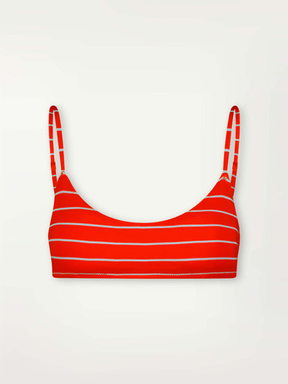 Product Front Shot of lemlem Asha Scoop Bikini Top featuring  bright juicy tangerine hues accented by pale blue fine stripes 