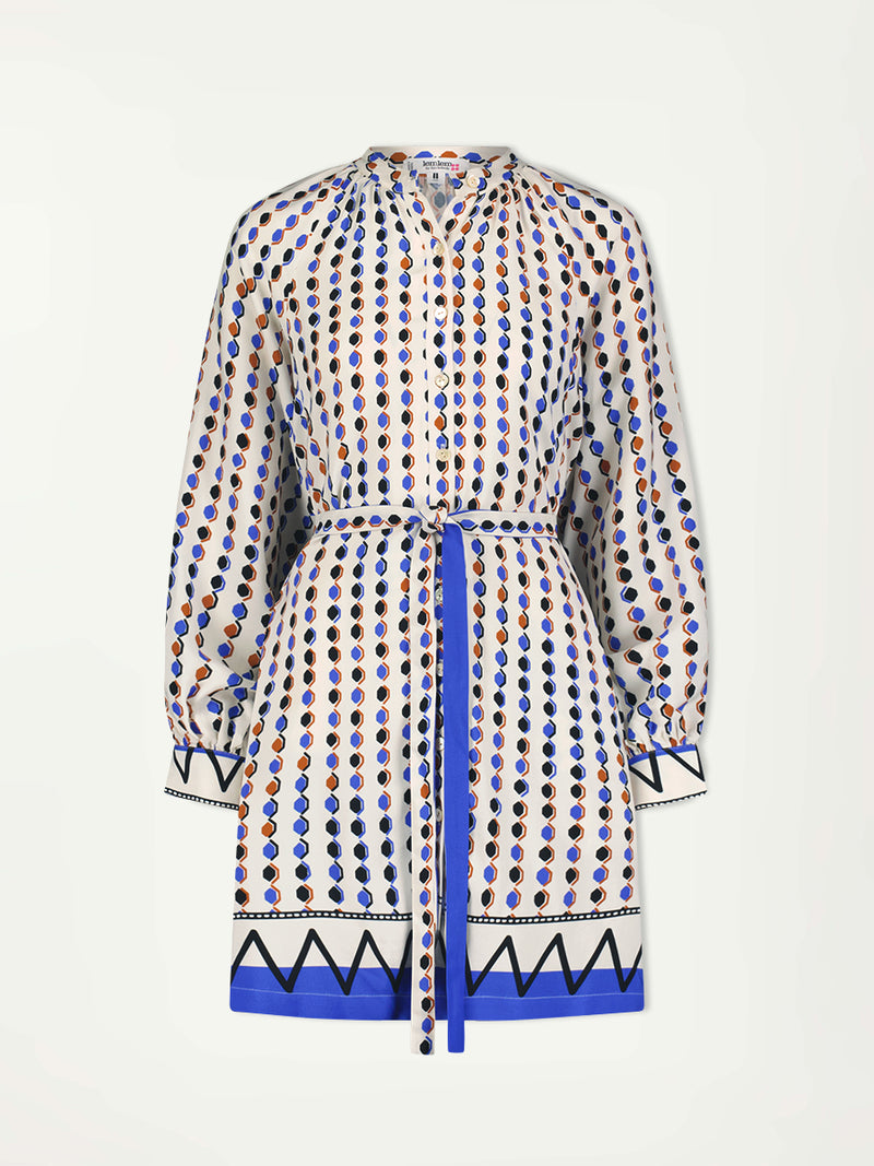 Product Front Shot of lemlem Meaza Button Up Dress featuring diamond pattern in natural terracotta and rich blue hues against a cream background