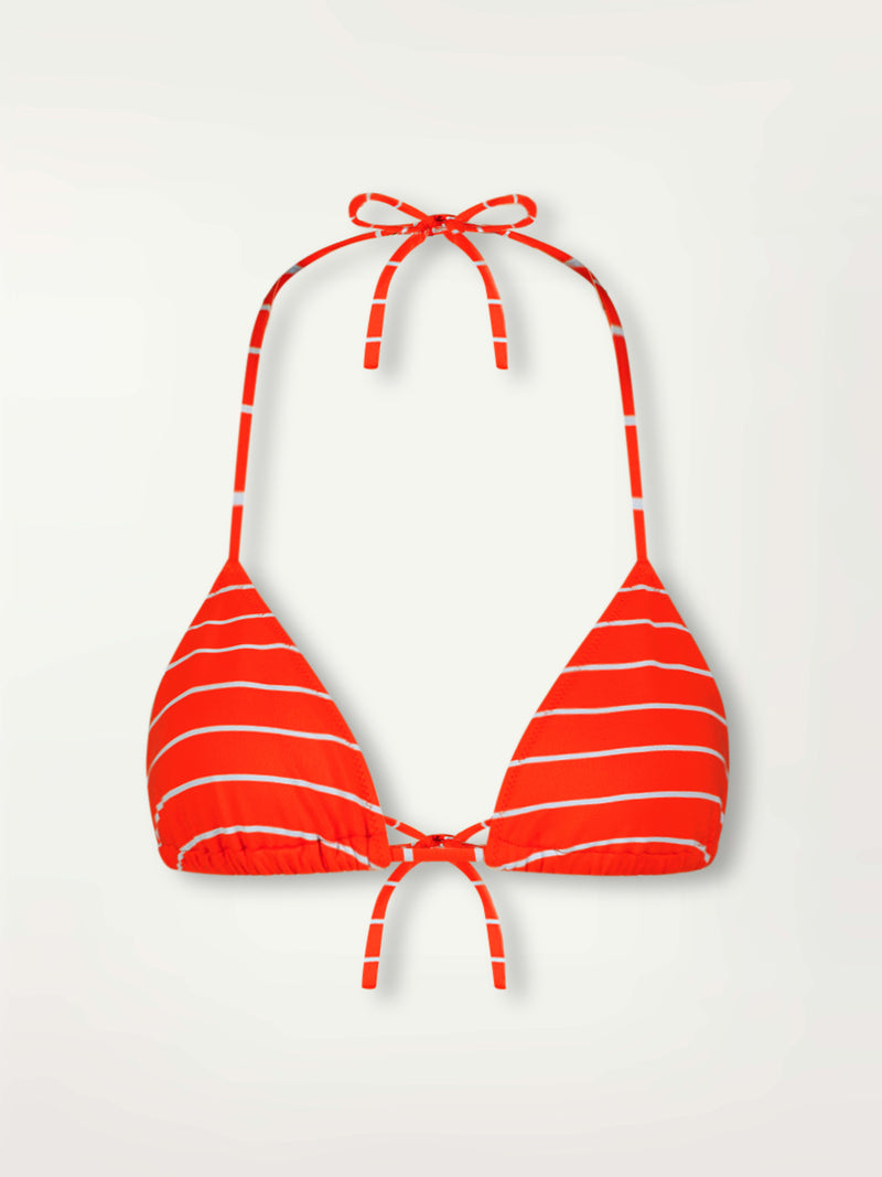 Product Front Shot of lemlem Malia Triangle Top featuring bright juicy tangerine hues accented by pale blue fine stripes