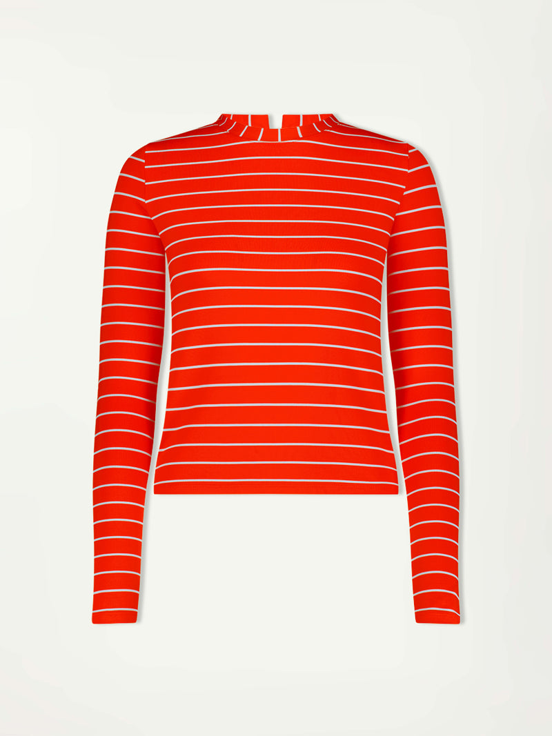 Product Front Shot of lemlem Azeb Rash Guard featuring bright juicy tangerine hues accented by pale blue fine stripes