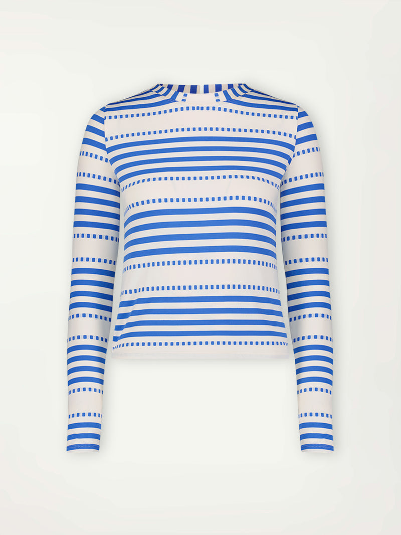 Product Front Shot of lemlem Azeb Rash Guard Featuring crisp white background and bright blue stripes and dots pattern