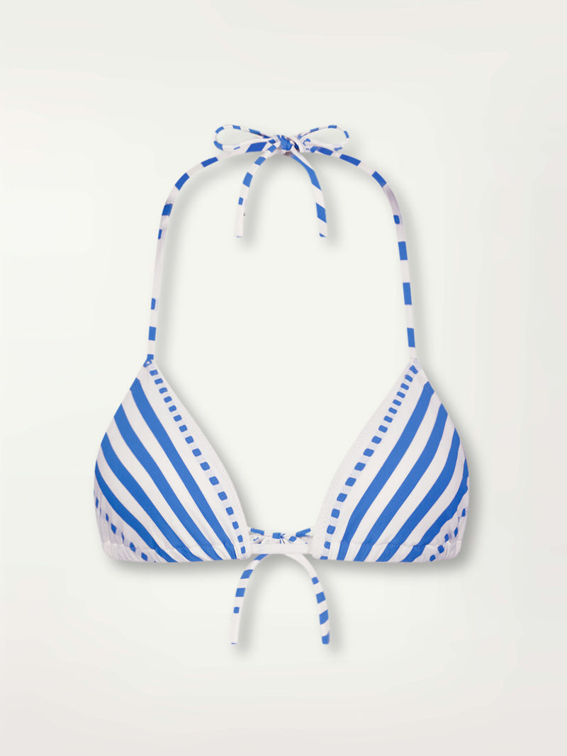Product Front Shot of lemlem malia string triangle top Featuring crisp white background and bright blue stripes and dots pattern and a matching brief bikini bottom 
