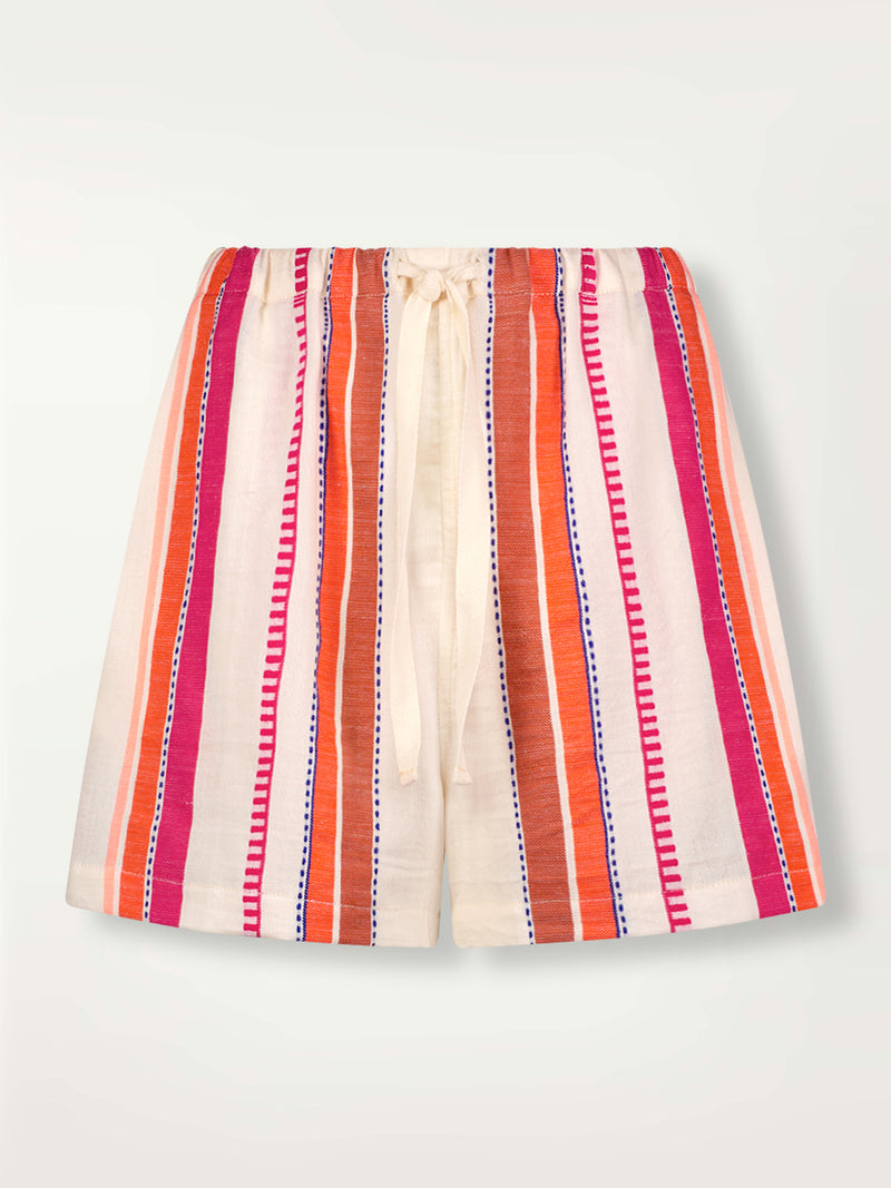 Product Front shot of lemlem Safia Shorts featuring tibeb inspired stripes in a vibrant fiesta of colors against a creamy vanilla background.
