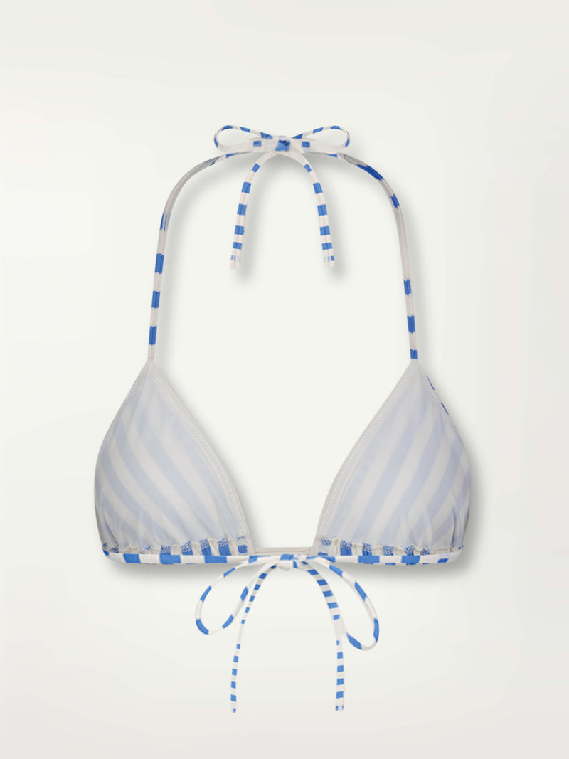 Product Front Shot of lemlem malia string triangle top Featuring crisp white background and bright blue stripes and dots pattern and a matching brief bikini bottom