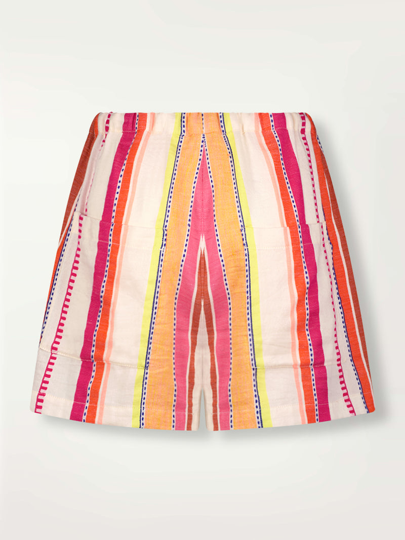 Product Back shot of lemlem Safia Shorts featuring tibeb inspired stripes in a vibrant fiesta of colors against a creamy vanilla background.