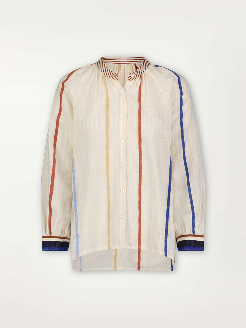 Product Front Shot of lemlem Mita Button Up Blouse featuring striking bold stripe design in blue and brown hues on a neutral background