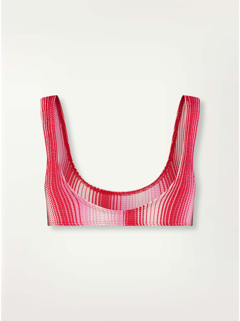 Product Front Shot of lemlem Jalene Scoop Top featuring striped fabric in ombre design in white, soft pink, and raspberry colors