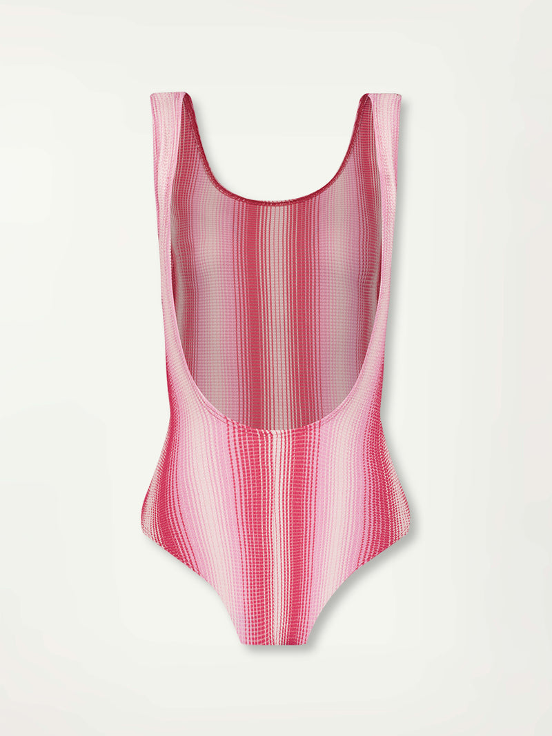 Product Back Shot of lemlem Haset One Piece featuring striped fabric in ombre design in white, soft pink, and raspberry colors